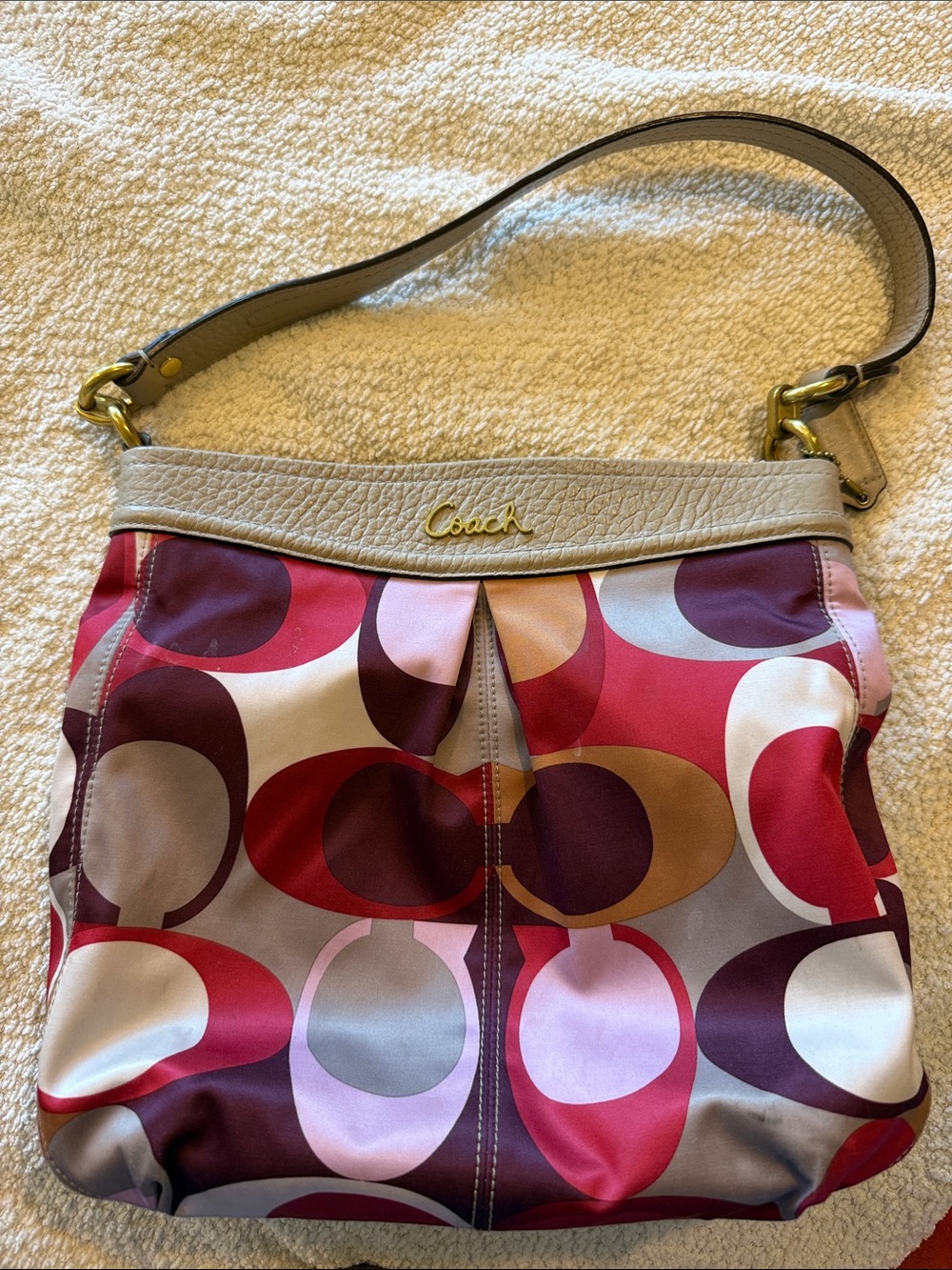 Coach Multicolor Circle Print Shoulder Bag with Beige Trim